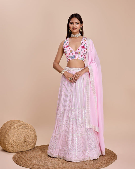 Embroidered Sequins Lehenga In Baby Pink Georgette With Choli And Dupatta Party Wear