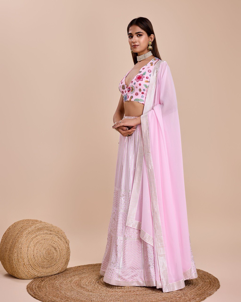 Embroidered Sequins Lehenga In Baby Pink Georgette With Choli And Dupatta Party Wear