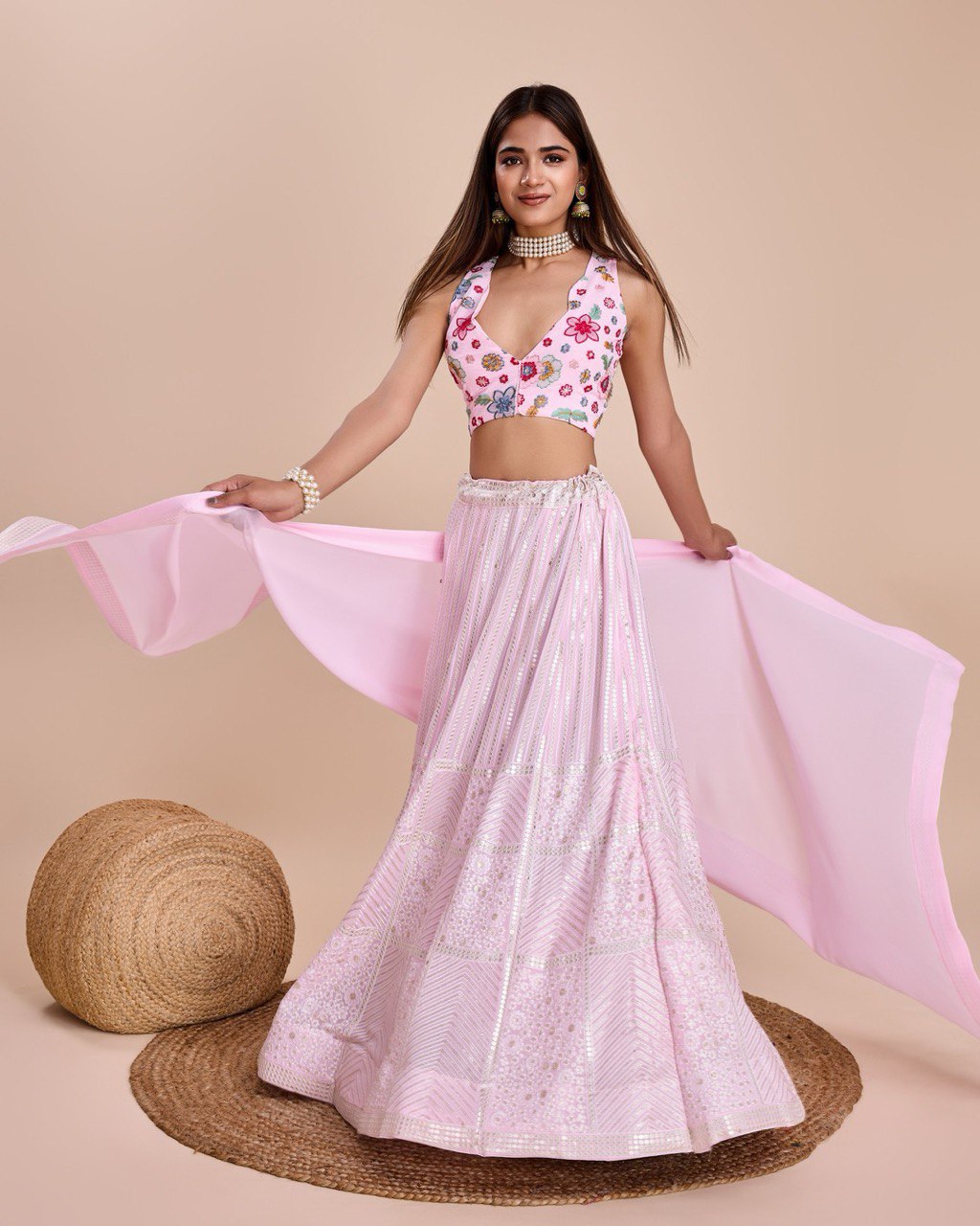 Embroidered Sequins Lehenga In Baby Pink Georgette With Choli And Dupatta Party Wear