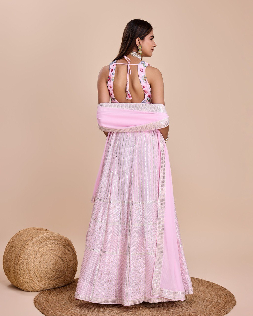 Embroidered Sequins Lehenga In Baby Pink Georgette With Choli And Dupatta Party Wear