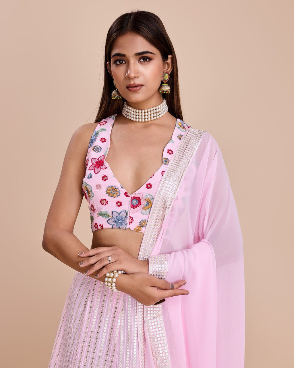 Embroidered Sequins Lehenga In Baby Pink Georgette With Choli And Dupatta Party Wear