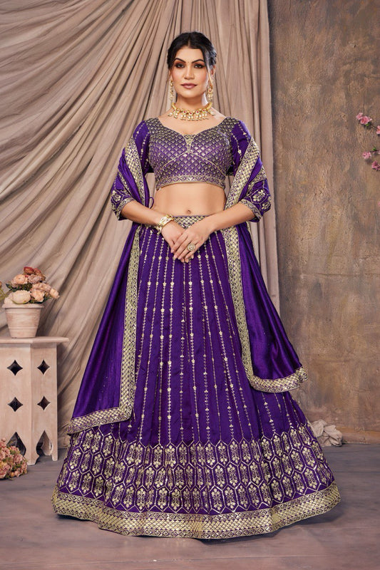 PURPLE ZARI AND SEQUINS EMBROIDERED VICHITRA SEMI STITCHED LEHENGA