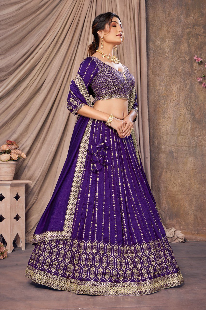 PURPLE ZARI AND SEQUINS EMBROIDERED VICHITRA SEMI STITCHED LEHENGA