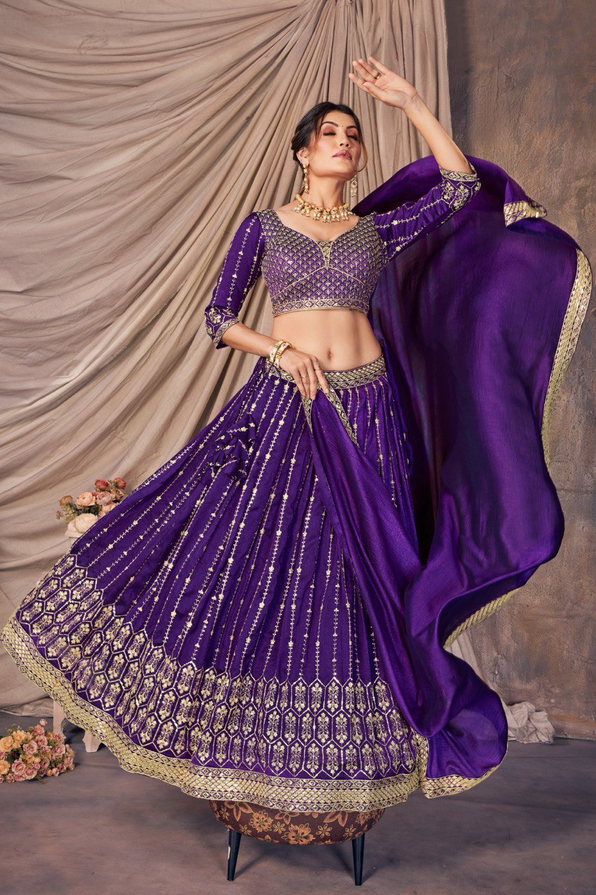 PURPLE ZARI AND SEQUINS EMBROIDERED VICHITRA SEMI STITCHED LEHENGA