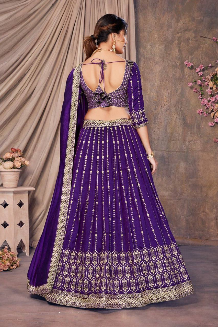 PURPLE ZARI AND SEQUINS EMBROIDERED VICHITRA SEMI STITCHED LEHENGA