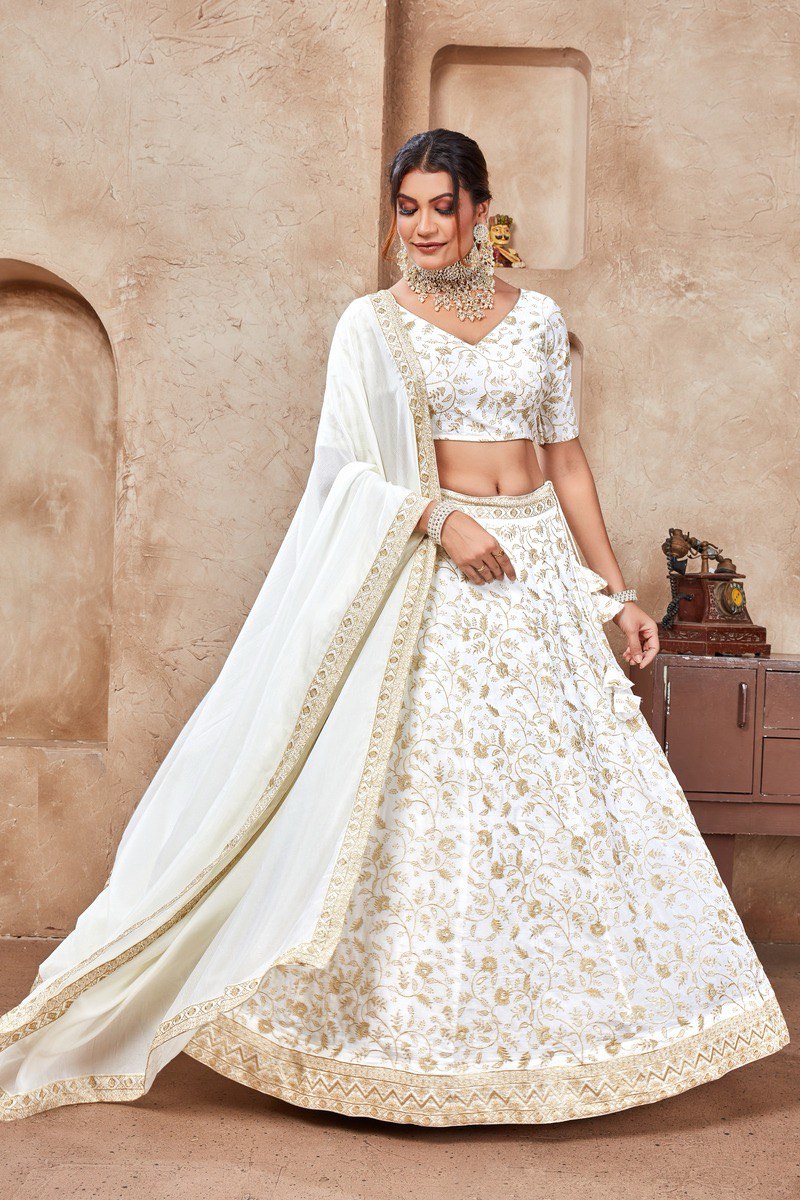 WHITE ZARI AND SEQUINS EMBROIDERED VICHITRA SEMI STITCHED LEHENGA