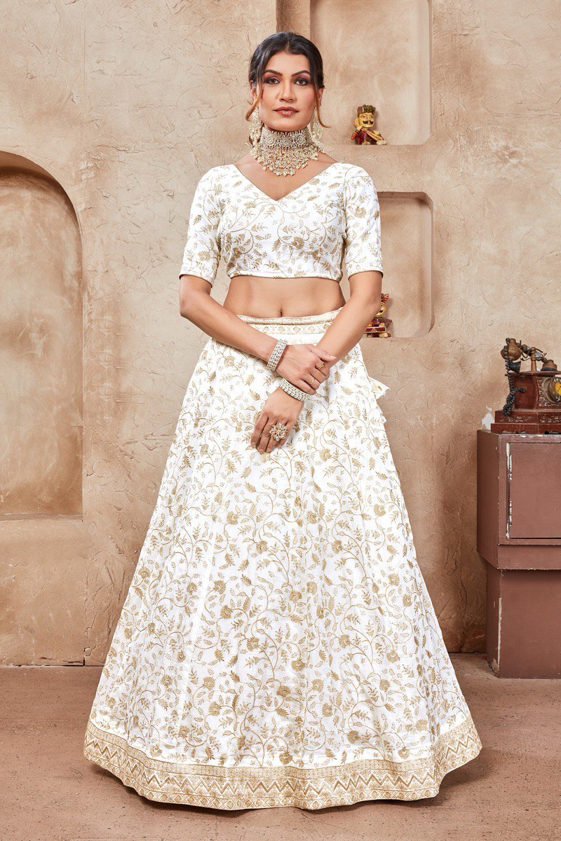 WHITE ZARI AND SEQUINS EMBROIDERED VICHITRA SEMI STITCHED LEHENGA