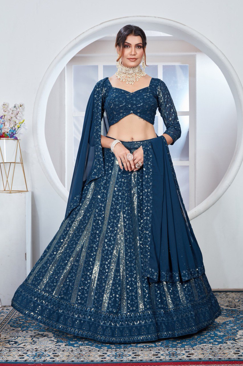 Firozi Color Embroidery & Sequence Work Designer Lehenga Choli For Wedding Function