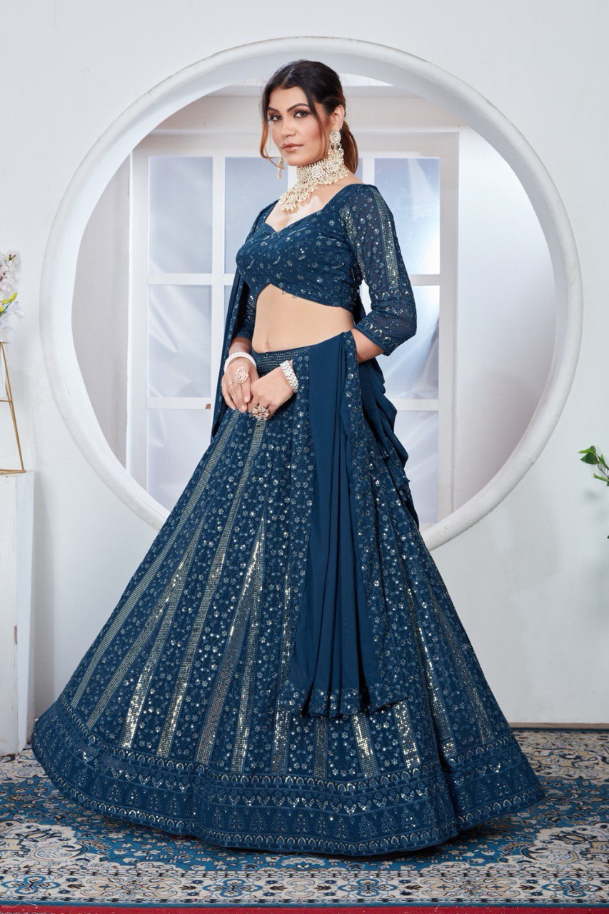 Firozi Color Embroidery & Sequence Work Designer Lehenga Choli For Wedding Function