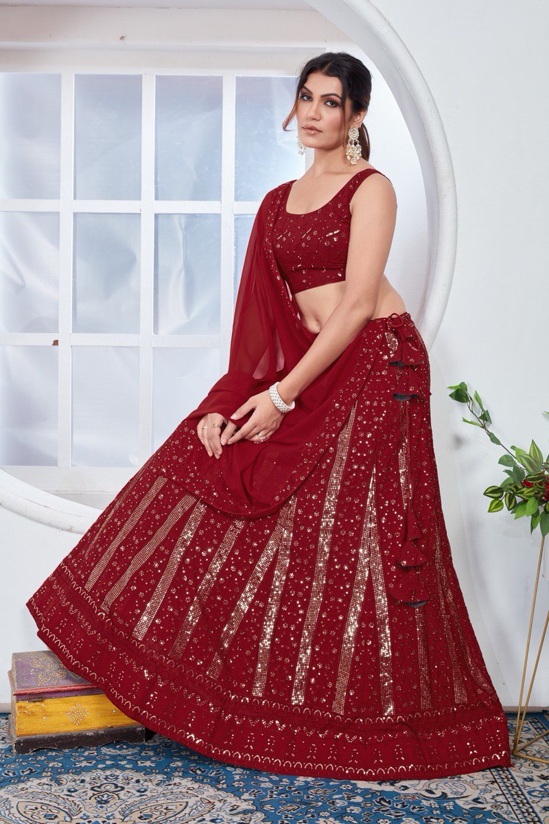 SOOTHING SEQUINS WORK ON MAROON COLOR GEORGETTE FABRIC LEHENGA