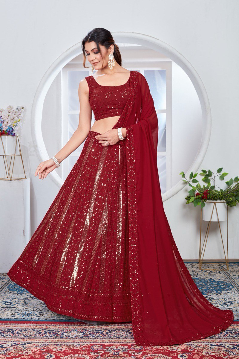 SOOTHING SEQUINS WORK ON MAROON COLOR GEORGETTE FABRIC LEHENGA