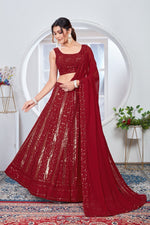SOOTHING SEQUINS WORK ON MAROON COLOR GEORGETTE FABRIC LEHENGA
