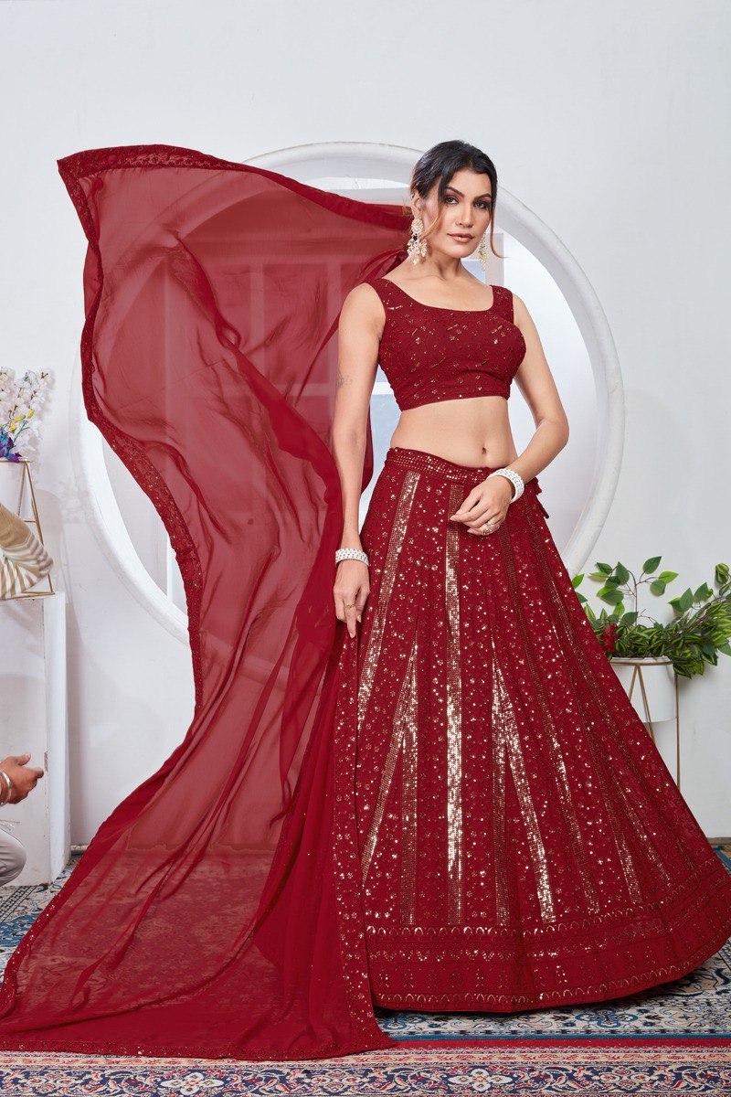 SOOTHING SEQUINS WORK ON MAROON COLOR GEORGETTE FABRIC LEHENGA