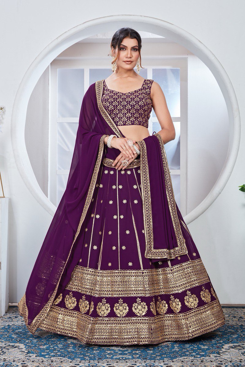 WINE ZARI AND SEQUINS EMBROIDERED GEORGETTE SEMI STITCHED LEHENGA