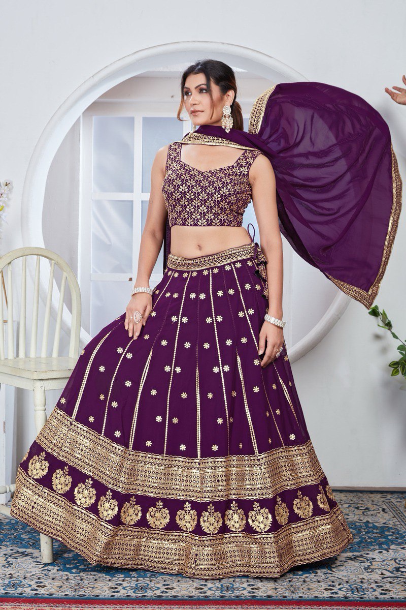 WINE ZARI AND SEQUINS EMBROIDERED GEORGETTE SEMI STITCHED LEHENGA