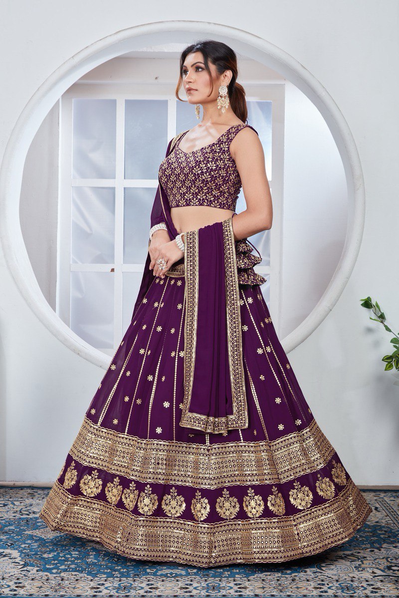 WINE ZARI AND SEQUINS EMBROIDERED GEORGETTE SEMI STITCHED LEHENGA