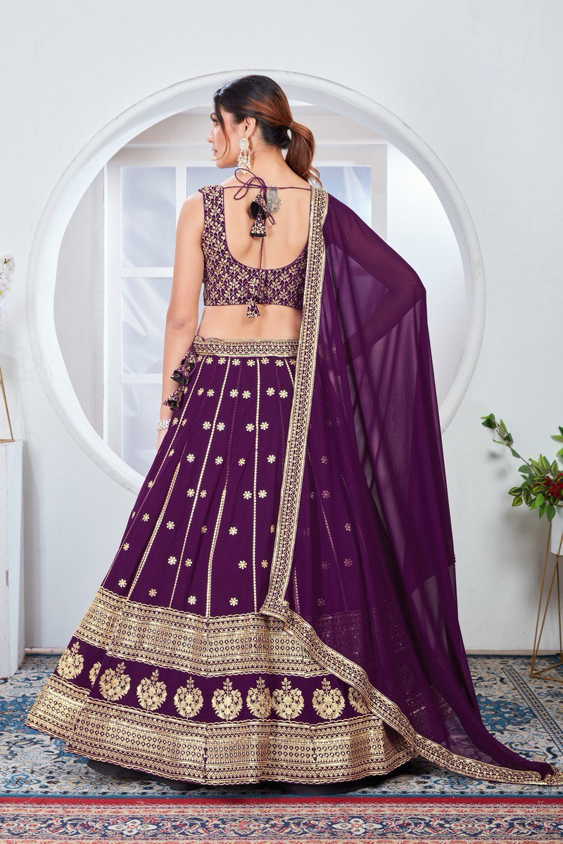 WINE ZARI AND SEQUINS EMBROIDERED GEORGETTE SEMI STITCHED LEHENGA