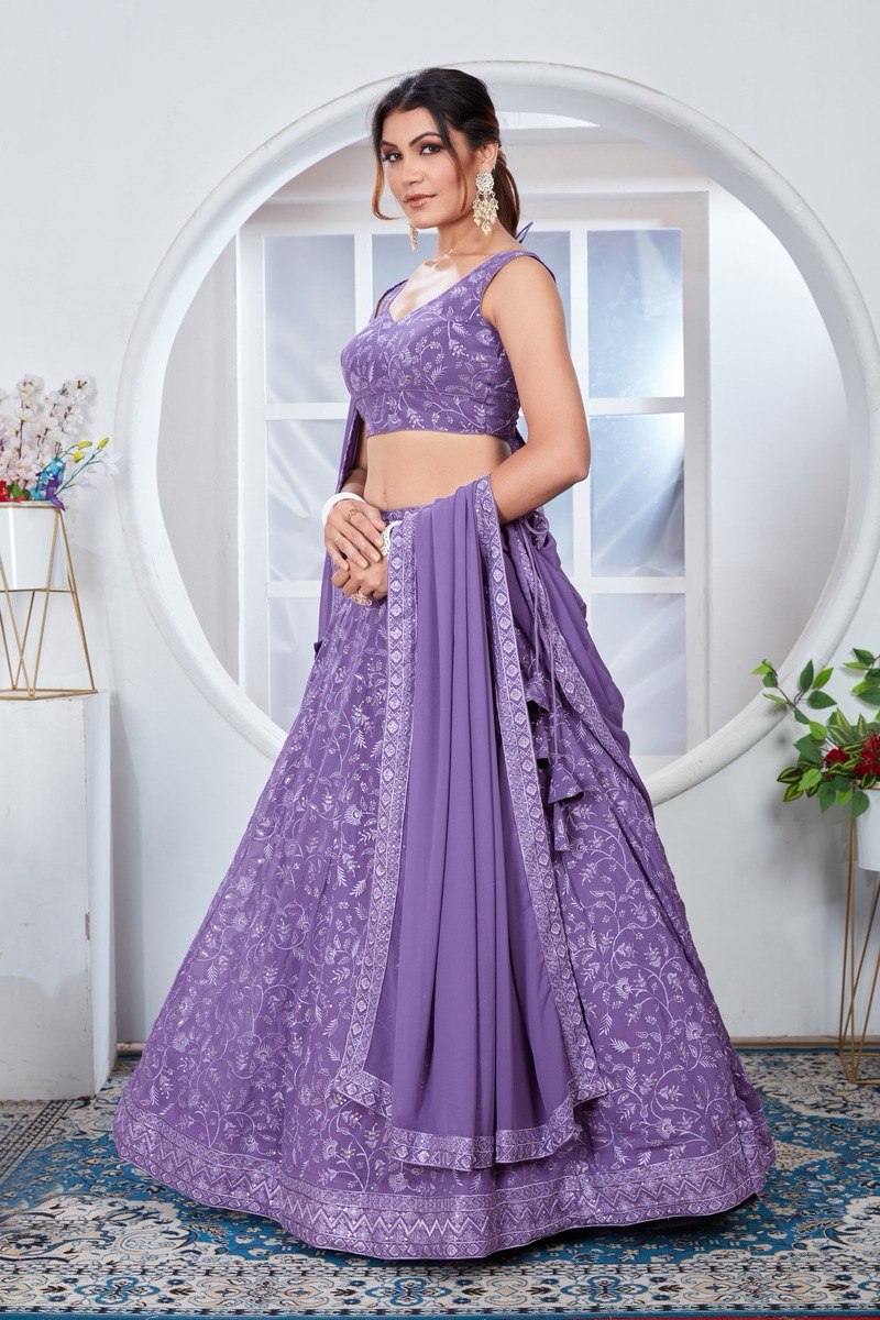 LAVENDER COLOR SEQUINS WORK ON GEORGETTE FABRIC CHIC LEHENGA