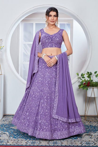 LAVENDER COLOR SEQUINS WORK ON GEORGETTE FABRIC CHIC LEHENGA