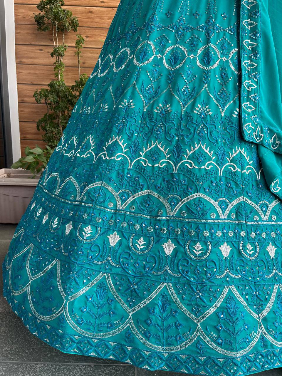 Mint Color Faux Georgette Fabric Sequence Thread Work Lehenga Choli