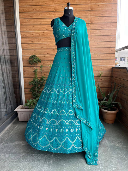 Mint Color Faux Georgette Fabric Sequence Thread Work Lehenga Choli