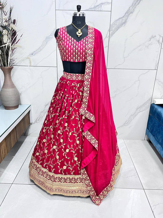 Machine Red Georgette Embroidered Lehenga Choli