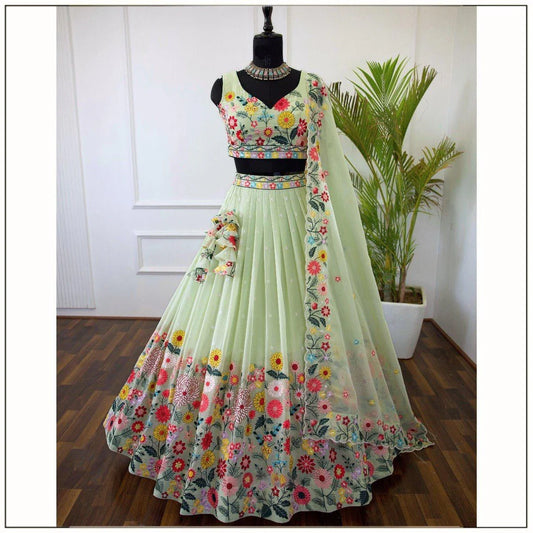 PASTEL GREEN COLOR SEQUENCE EMBROIDERY WORK DESIGNER LEHENGA CHOLI