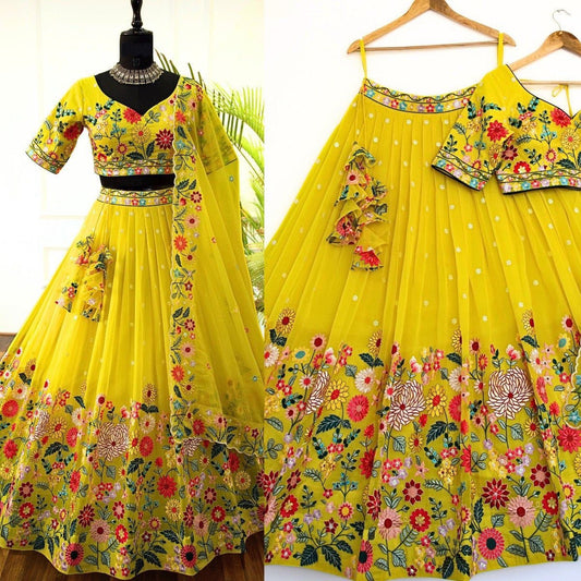 Yellow Color Crystal Fabric Sequence Embroidery Work Lehenga Choli