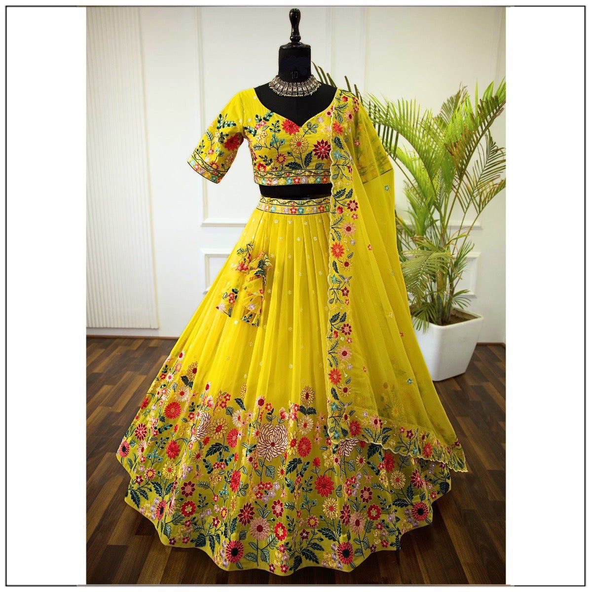 Yellow Color Crystal Fabric Sequence Embroidery Work Lehenga Choli