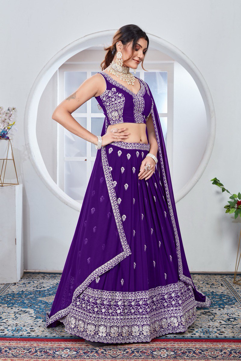 PURPLE ZARI AND SEQUINS EMBROIDERED GEORGETTE SEMI STITCHED LEHENGA