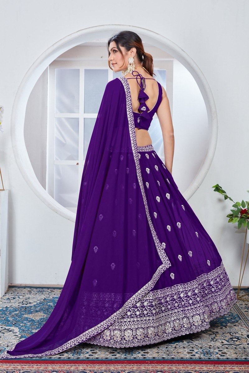 PURPLE ZARI AND SEQUINS EMBROIDERED GEORGETTE SEMI STITCHED LEHENGA