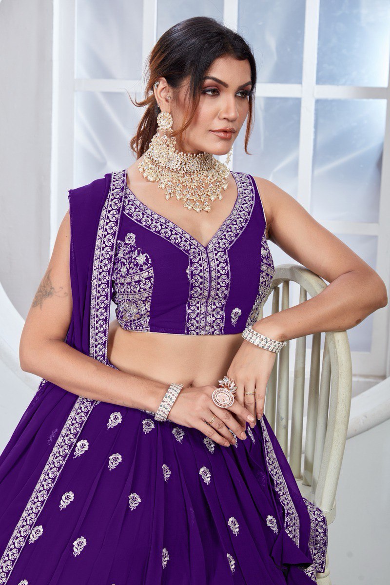 PURPLE ZARI AND SEQUINS EMBROIDERED GEORGETTE SEMI STITCHED LEHENGA