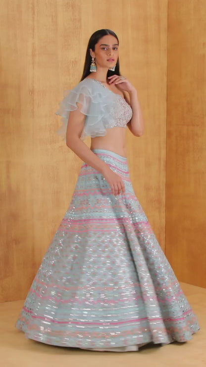 Sea green Organza silk wedding lehenga choli