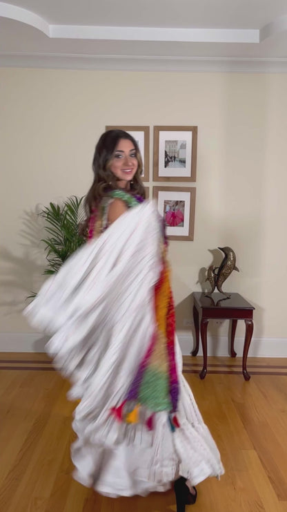 Exquisite Georgette White Lehenga Choli Set with Multicolored Embroidery and Digital Print Dupatta
