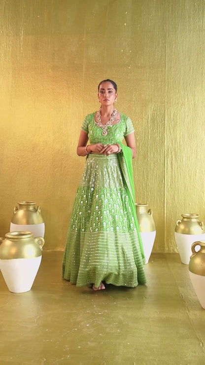 Green Banglori Silk Sequence With Thread And Jari Embroidery Work
