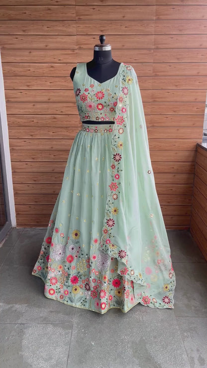 PASTEL GREEN COLOR SEQUENCE EMBROIDERY WORK DESIGNER LEHENGA CHOLI