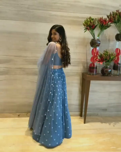 Faux Georgette Royal Blue Lehenga Choli Dupatta Set with Sequins & Thread Embroidery