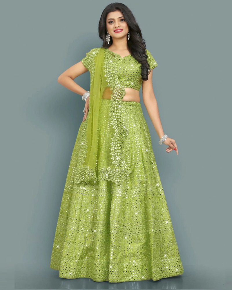 Buy Designer Sarees, Salwar Kameez, Kurtis & Tunic and Lehenga Choli.Beauteous  Parrot Green Lehenga Saree