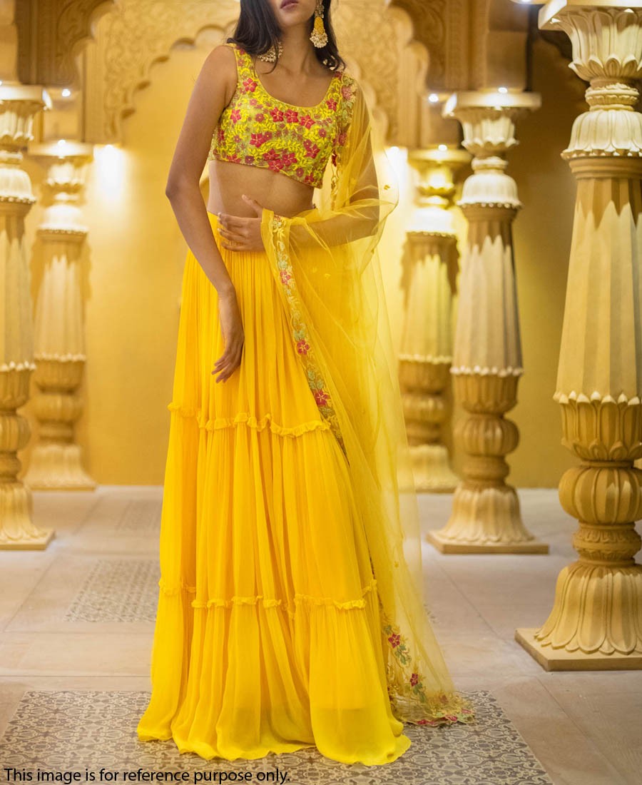 Saffron Yellow Embroidered Lehenga Set Design by Seema Gujral at Pernia's  Pop Up Shop 2024