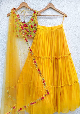 Yellow Colored Haldi Designer Faux Georgette