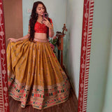 karva-chauth-wedding-special-festive-designer-lehenga-half-sleeves-flared-mustard-lehenga