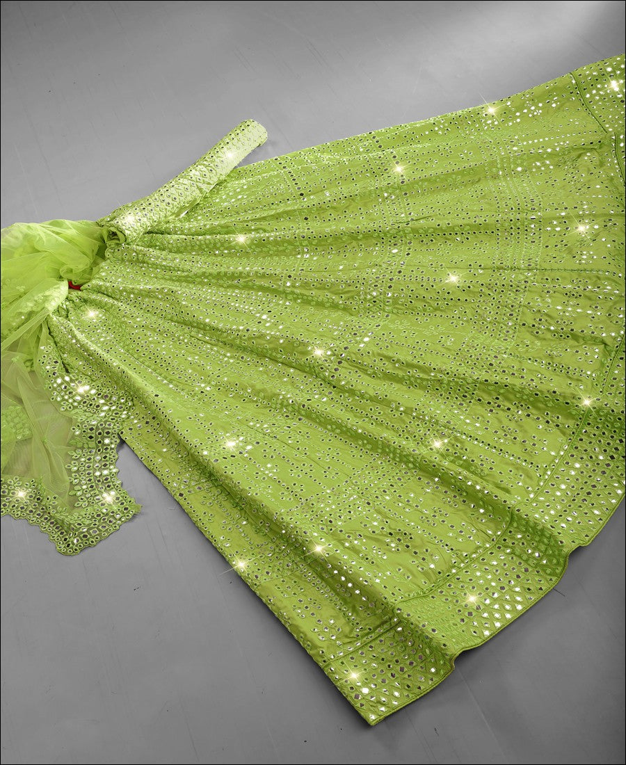 Buy Parrot Green color cotton mirror lehenga choli at fealdeal.com