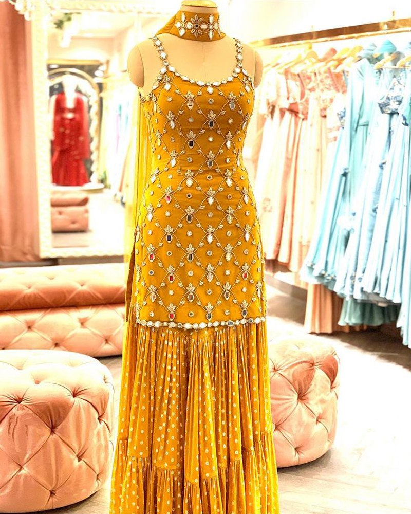 Aashirwad creation - Veeda gold Real Georgette. Dull Santoon Party Wear  Latest Gown Salwar Suit dress wholesalers