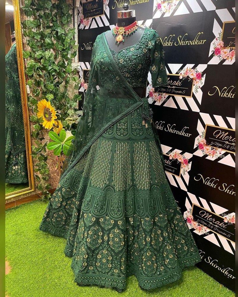 Green color heavy designer lehenga choli for mehendi function – Joshindia